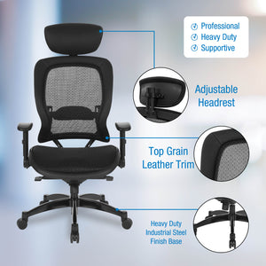Breathable Mesh Seat and Back Executive Chair with Top Grain Leather Trim, Adjustable Headrest and Lumbar Support, Height-Adjustable Flip Arms, Industrial Steel Finish Base