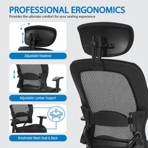 Breathable Mesh Seat and Back Executive Chair with Top Grain Leather Trim, Adjustable Headrest and Lumbar Support, Height-Adjustable Flip Arms, Industrial Steel Finish Base