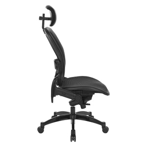Breathable Mesh Seat and Back Executive Chair with Top Grain Leather Trim, Adjustable Headrest and Lumbar Support, Height-Adjustable Flip Arms, Industrial Steel Finish Base
