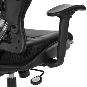 Air Grid® Back Chair with Black Bonded Leather Seat and Trim, Adjustable Arms, Adjustable Lumbar, and Angled Polished Aluminum Base