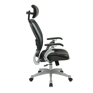 Light Air Grid® Back Executive Chair with Black Top Grain Leather Seat, Adjustable Headrest, Adjustable Lumbar and Platinum Finish Base