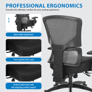 Big & Tall Black Vertical Matrix Back and Silver Ion Techology Dillon Seat Manager’s Chair with Height Adjustable Back, Self-Adjusting Lumbar Support, 2-Way Adjustable Arms with PU Pads, and Industrial Steel Finish Base