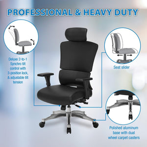 Manager’s Chair with Silver Ion Technology Dillon Black Seat and Back, Height Adjustable Ratchet Back, Self Adjusting Lumbar Support, 4-Way Adjustable Arms, Adjustable Headrest and Polished Aluminum Base