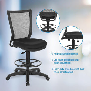 Soft PU Padded Back Frame Drafting Chair with ProGrid® Mesh Back and Adjustable Footring, 10" Full Cylinder Travel, FreeFlex® II Coal Padded Fabric Seat