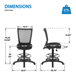 Soft PU Padded Back Frame Drafting Chair with ProGrid® Mesh Back and Adjustable Footring, 10" Full Cylinder Travel, FreeFlex® II Coal Padded Fabric Seat