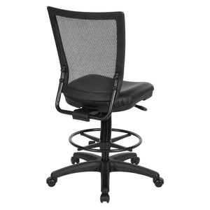Soft PU Padded Back Frame Drafting Chair with ProGrid® Mesh Back and Adjustable Footring, 10" Full Cylinder Travel, Silver Ion Technology Dillon Padded Seat