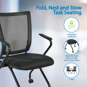 Soft Frame PU Padded ProGrid® Back Folding/Nesting Chair with Arms, FreeFlex® II Coal Padded Fabric Seat (2-Pack)
