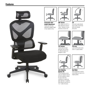 Manager's Chair with Headrest. Breathable Black Mesh Back and Black Fabric Seat