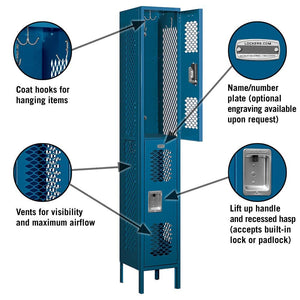 12" Wide Double Tier Vented Metal Locker, 1 Wide, 6 Feet High, Assembled