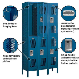 12" Wide Double Tier Vented Metal Locker, 3 Wide, 6 Feet High, Assembled