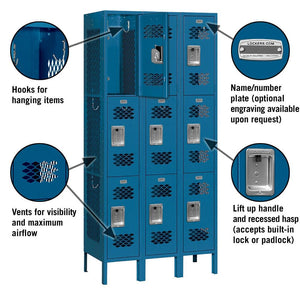 12" Wide Triple Tier Vented Metal Locker, 3 Wide, 6 Feet High, Assembled
