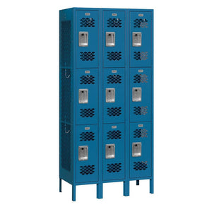 12" Wide Triple Tier Vented Metal Locker, 3 Wide, 6 Feet High, Assembled