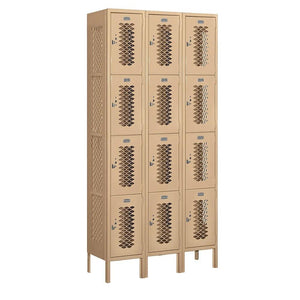 12" Wide Four Tier Vented Metal Locker, 3 Wide, 6 Feet High, Assembled