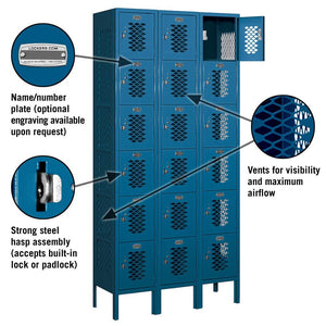 12" Wide Six Tier Box Style Vented Metal Locker, 3 Wide, 6 Feet High, Assembled