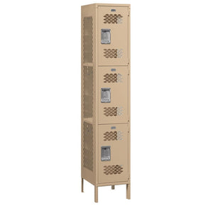 15" Wide Triple Tier Vented Metal Locker, 1 Wide, 6 Feet High, Assembled
