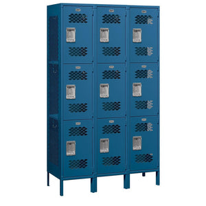 15" Wide Triple Tier Vented Metal Locker, 3 Wide, 6 Feet High, Assembled
