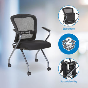 Deluxe ProGrid® Mesh Back Folding/Nesting Arm Chair with Casters, Coal FreeFlex® Fabric Seat, 2-Pack