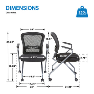 Deluxe ProGrid® Mesh Back Folding/Nesting Arm Chair with Casters, Coal FreeFlex® Fabric Seat, 2-Pack