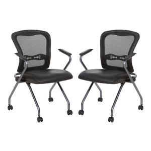 Deluxe ProGrid® Mesh Back Folding/Nesting Arm Chair with Casters, Silver Ion Technology Dillon Black Padded Seat, 2-Pack