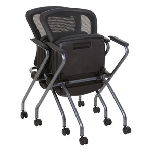 Deluxe ProGrid® Mesh Back Folding/Nesting Arm Chair with Casters, Silver Ion Technology Dillon Black Padded Seat, 2-Pack
