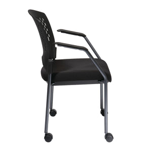 Ventilated Plastic Wrap Around Back Stacking Visitor’s Chair with Arms and Casters, FreeFlex® II Coal Padded Fabric Seat