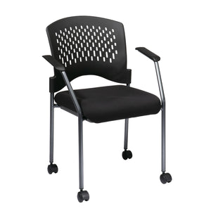 Ventilated Plastic Wrap Around Back Stacking Visitor’s Chair with Arms and Casters, FreeFlex® II Coal Padded Fabric Seat