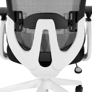 White Vertical Mesh Back Chair with Black Mesh Seat, Height Adjustable Lumbar Support, Height Adjustable Padded Arms and White Angled Nylon Base