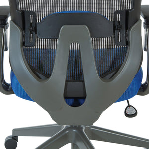 Grey Vertical Mesh Back Chair with Blue Mesh Seat, Height Adjustable Lumbar Support, Height Adjustable Padded Arms and Graphite Angled Nylon Base