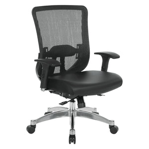 Black Vertical Mesh Back Manager's Chair with Black Bonded Leather Seat, Height Adjustable Lumbar Support, Height Adjustable Padded Arms and Polished Aluminum Base