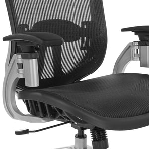 Black Vertical Mesh Seat and Back Manager's Chair with Height Adjustable Lumbar Support, Height Adjustable Padded Arms and Silver Angled Nylon Base