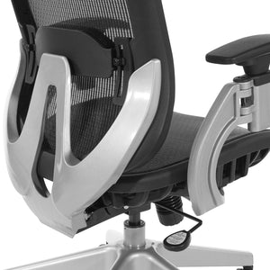 Black Vertical Mesh Seat and Back Manager's Chair with Height Adjustable Lumbar Support, Height Adjustable Padded Arms and Silver Angled Nylon Base