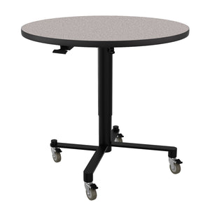 Adjustable Height Round Mobile Nesting Café Table, Particleboard Core, High Pressure Laminate Top with T-Mold Edge