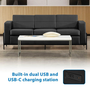 Arctic Sofa with Dual USB and USB-C Charging Stations, Black Faux Leather Upholstery