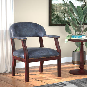 Traditional Captain's Guest Chair with Blue Vinyl Upholstery