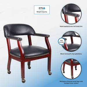 Traditional Captain's Guest Chair with Casters, Black Caressoft Vinyl Upholstery