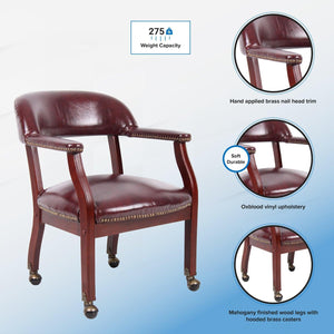 Traditional Captain's Guest Chair with Casters, Oxblood Vinyl Upholstery