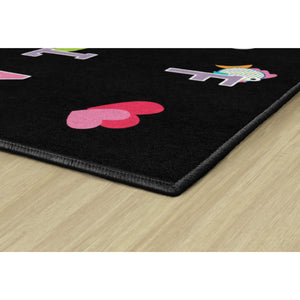 Schoolgirl Style Alphabet Pictures On Black Criss Cross Applesauce Rug, 7'6" x 12' Rectangle