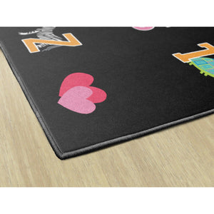 Schoolgirl Style Alphabet Pictures On Black Criss Cross Applesauce Rug, 7'6" x 12' Rectangle