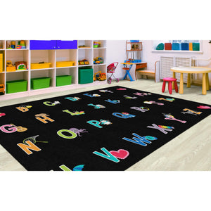Schoolgirl Style Alphabet Pictures On Black Criss Cross Applesauce Rug, 7'6" x 12' Rectangle