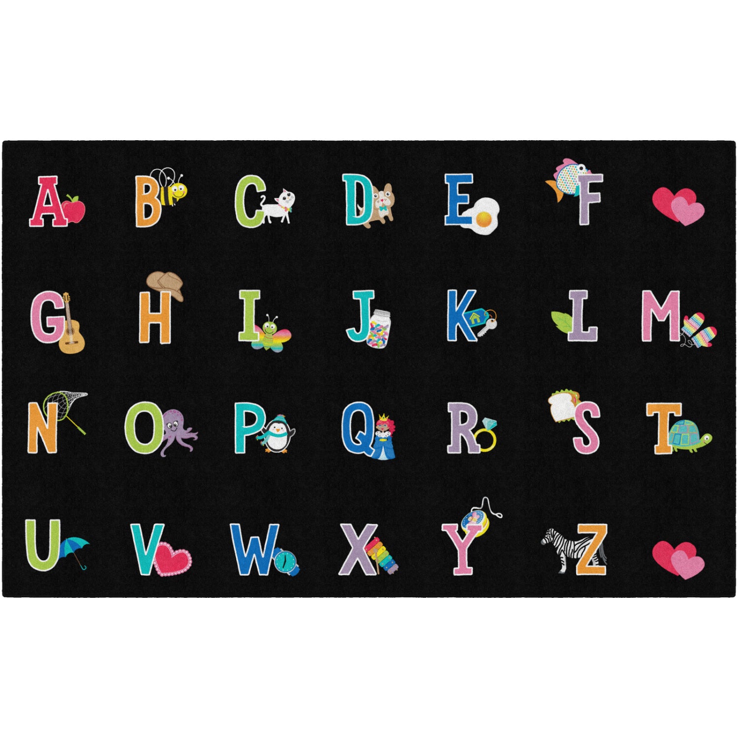 Schoolgirl Style Alphabet Pictures On Black Criss Cross Applesauce Rug, 7'6" x 12' Rectangle