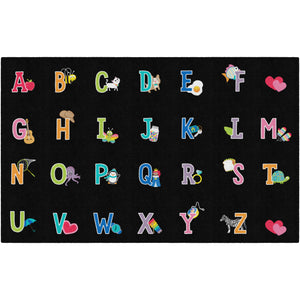 Schoolgirl Style Alphabet Pictures On Black Criss Cross Applesauce Rug, 7'6" x 12' Rectangle