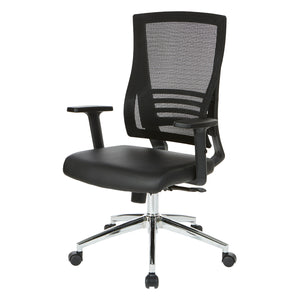 Black Breathable Mesh Back Manager's Chair with Bonded Leather Seat and Padded Adjustable Arms, 2-to-1 Synchro-Tilt Control, Chrome Base