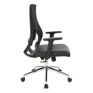 Black Breathable Mesh Back Manager's Chair with Bonded Leather Seat and Padded Adjustable Arms, 2-to-1 Synchro-Tilt Control, Chrome Base