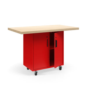 KI Ruckus Mobile Worktable, Single-Faced 2x2 Cubby Storage with Doors, 54" W x 30" D, 1-3/4" Maple Butcher Block Wood Top, FREE SHIPPING