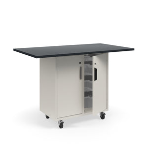 KI Ruckus Mobile Worktable, Single-Faced Tote Storage with Doors, 54" W x 30" D, (6) 6" & (2) 3" Totes, 1" Black Phenolic Resin Top, FREE SHIPPING