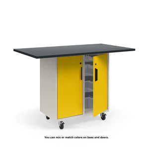 KI Ruckus Mobile Worktable, Single-Faced Tote Storage with Doors, 54" W x 30" D, (6) 6" & (2) 3" Totes, 1" Black Phenolic Resin Top, FREE SHIPPING
