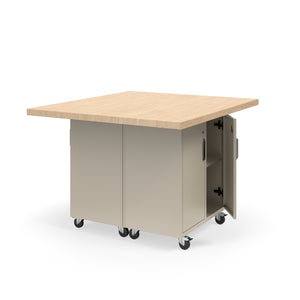 KI Ruckus Mobile Worktable, Double-Faced 2x2 Cubby Storage with Doors, 54" W x 48" D, 1-3/4" Maple Butcher Block Wood Top, FREE SHIPPING