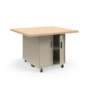 KI Ruckus Mobile Worktable, Double-Faced 2x2 Cubby Storage with Doors, 54" W x 48" D, 1-3/4" Maple Butcher Block Wood Top, FREE SHIPPING