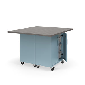 KI Ruckus Mobile Worktable, Double-Faced Cubby and Tote Storage with Doors, 54" W x 48" D, (6) 6" & (2) 3" Totes, 1-1/4" Laminate Top, FREE SHIPPING