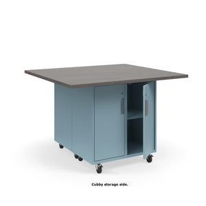KI Ruckus Mobile Worktable, Double-Faced Cubby and Tote Storage with Doors, 54" W x 48" D, (6) 6" & (2) 3" Totes, 1-1/4" Laminate Top, FREE SHIPPING